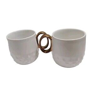 2 STARBUCKS 2013 White Diamond Embossed Bronze Handle Coffee Tea Mugs Cups 12oz